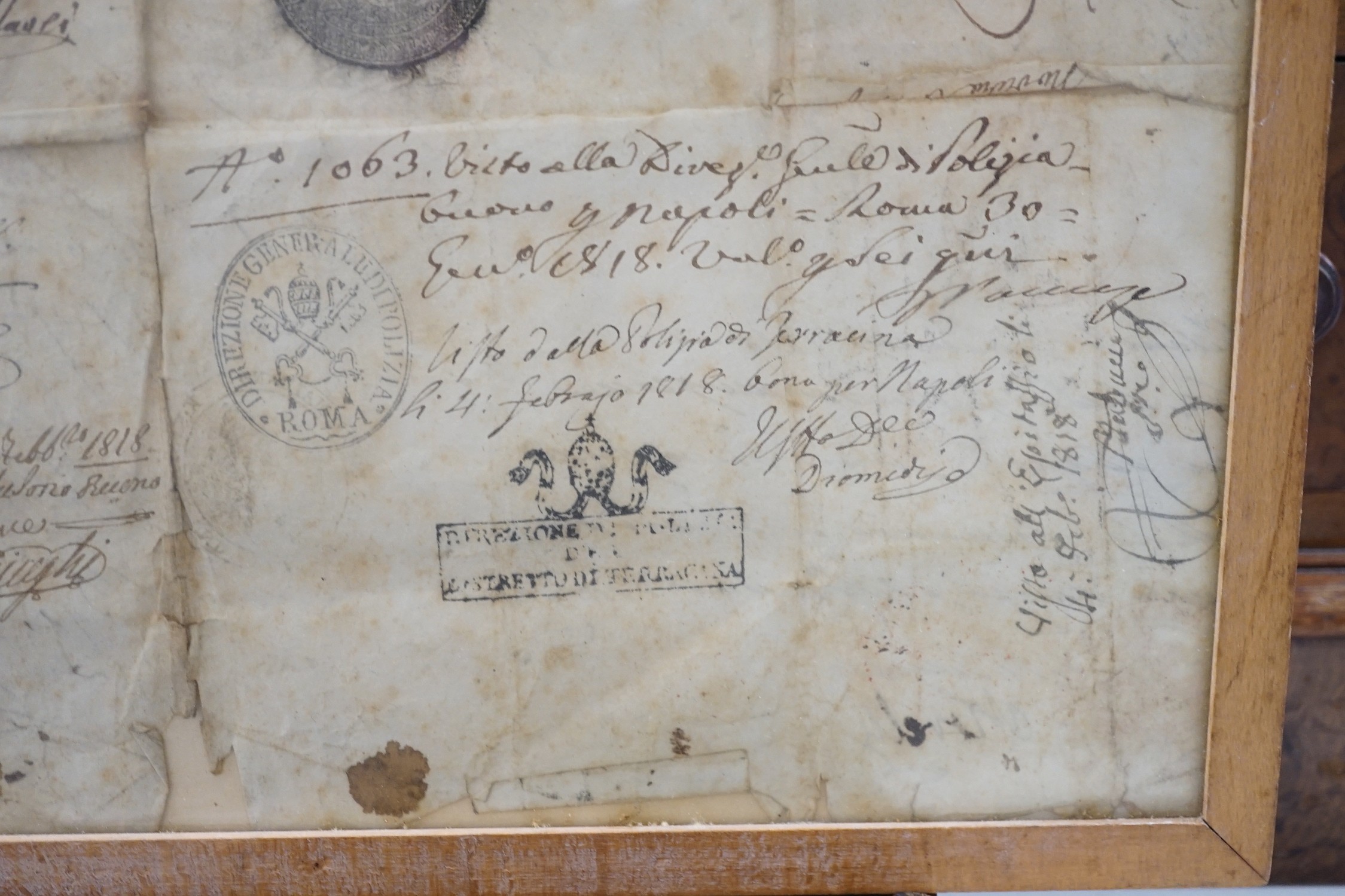 A framed quantity of historical ambassadorial documents relating to The right honourable Charles Stewart KCB, including passports relating for Paris and Rome c.1818